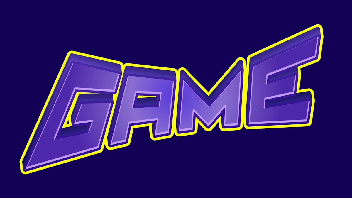 Văn bản 3D tím năng động theo phong cách game với đường viền vàng
