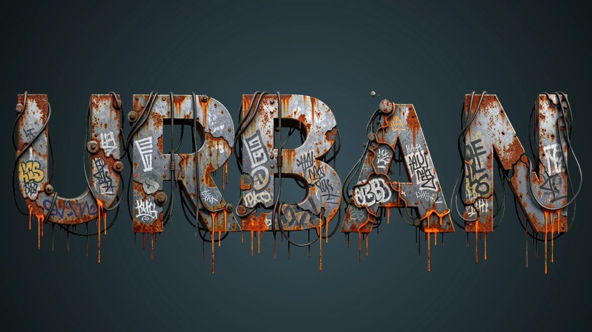 Văn bản 3D đô thị: kim loại rỉ sét với graffiti, dây cáp và vết nước