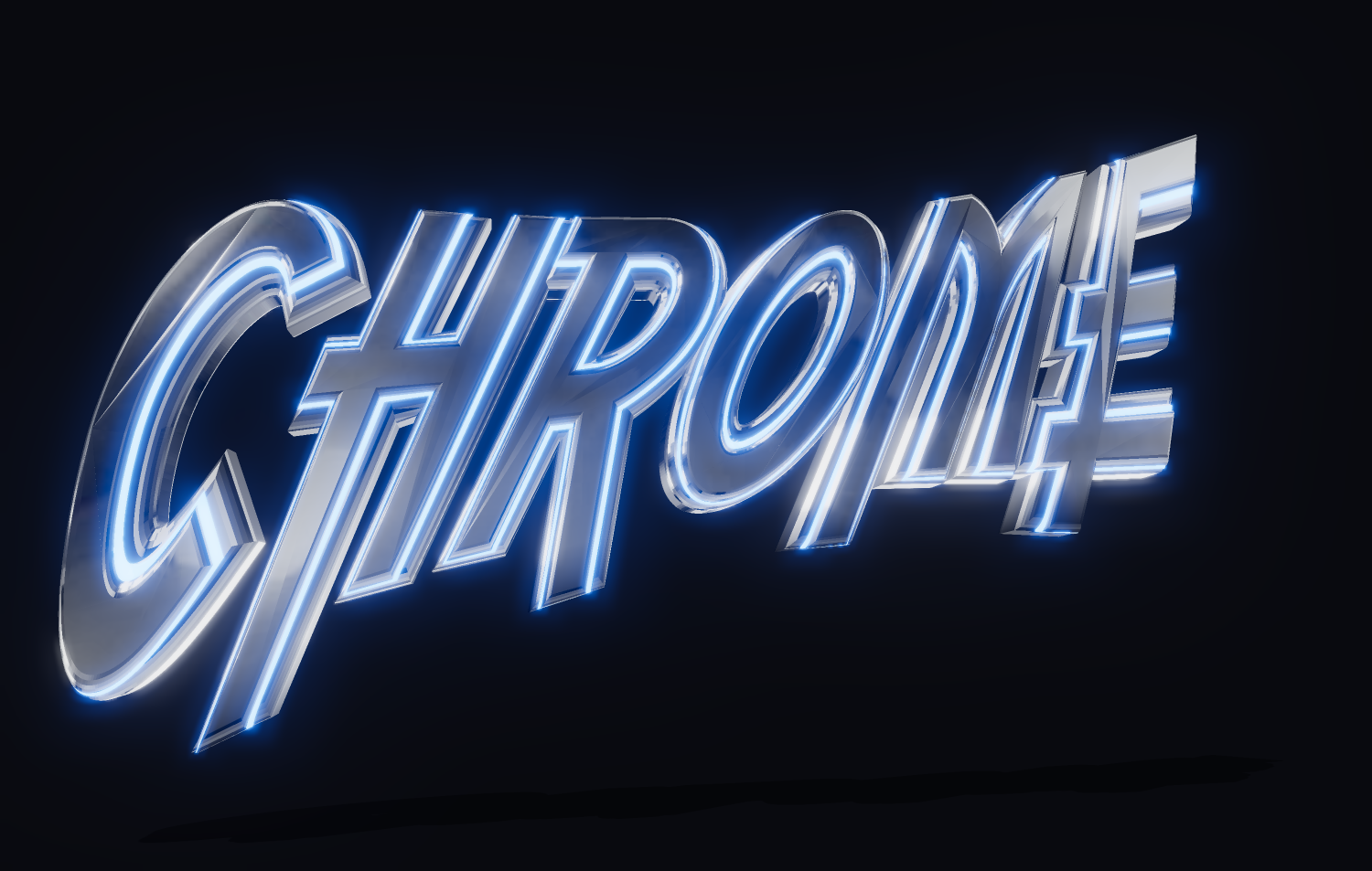 3D text chrome với đèn neon xanh. Font 3D.